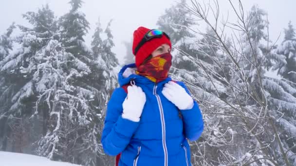Menina turista solitário andando em uma floresta de coníferas cobertas de neve de inverno nas montanhas. Tempo gelado — Vídeo de Stock