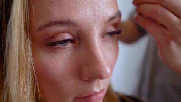 Maquillador aplica polvo y hace la corrección de la forma de la cara a la chica — Vídeos de Stock