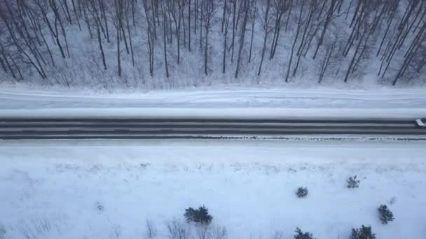 Vista aérea del coche que conduce a través de la carretera forestal de invierno. Paisaje escénico de invierno — Vídeo de stock