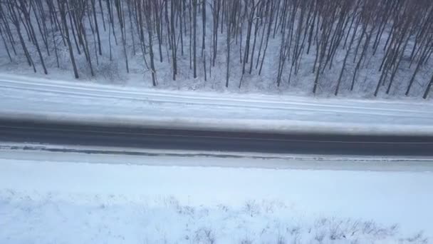 Вид с воздуха на автомобили, проезжающие по зимней лесной дороге. Живописный зимний пейзаж — стоковое видео