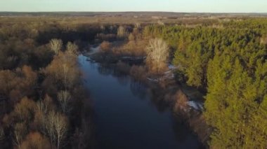 Ağaçlar ve şafak - hava Nehri üzerinde uçan videoya