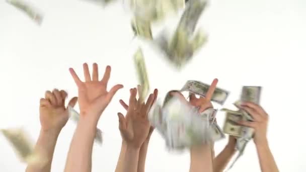 Many hands catch falling US dollars. Slow motion — Stock Video