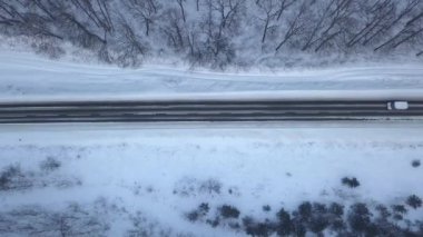 Havadan görünümü kış orman yolu sürüş araba. Doğal kış manzarası