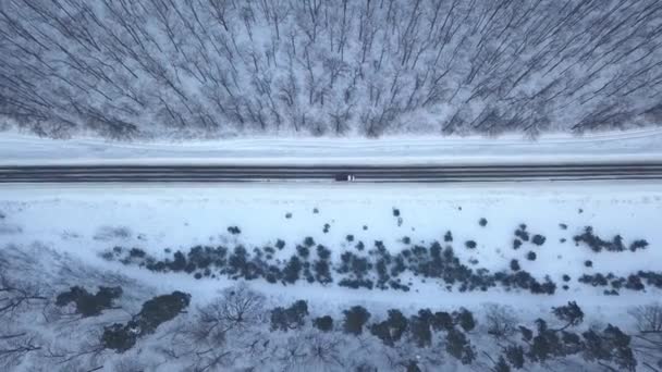 Letecký pohled na auta projíždí zimní lesní cesta. Malebnou zimní krajinou — Stock video