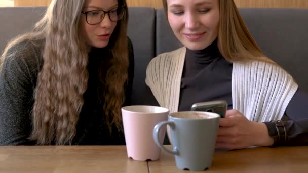 휴대 전화를 사용 하 여 카페에서 두 친구 여자와 의사 소통 하는 것을 재미 있다 — 비디오