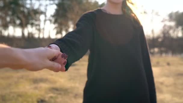 Siga-me - jovem mulher feliz puxando a mão caras. De mãos dadas caminhando até a margem do rio — Vídeo de Stock