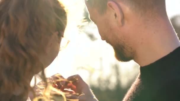 Pareja joven enamorada haciendo símbolo del corazón con sus manos al atardecer — Vídeos de Stock