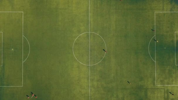 Vista aérea del equipo de fútbol que practica al día en el campo de fútbol en vista superior — Vídeo de stock