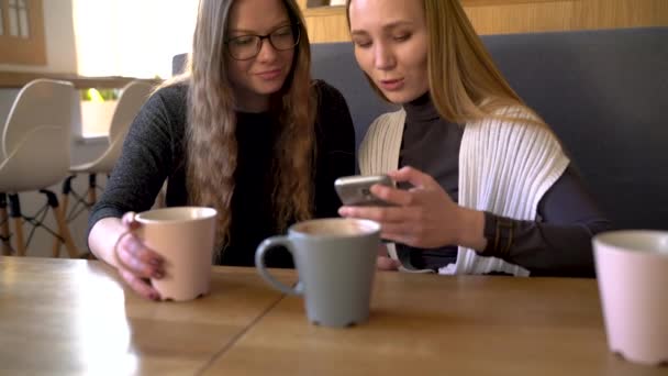 Dos amigos mujer en la cafetería utilizando el teléfono móvil y divertirse comunicando — Vídeo de stock