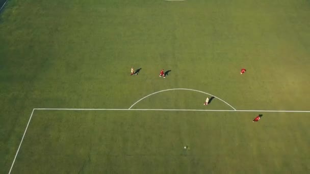 Vuelo a lo largo del campo de fútbol donde tiene lugar el entrenamiento — Vídeos de Stock