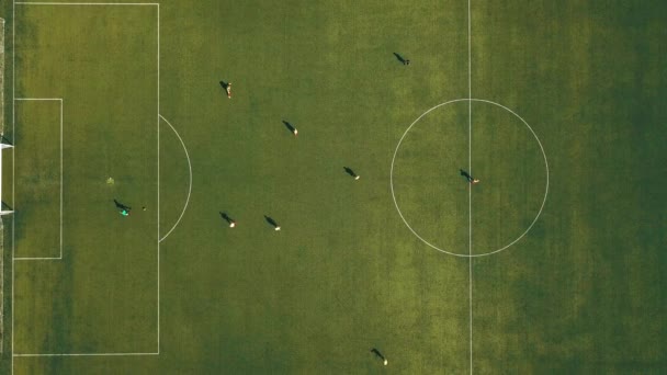 Vista aérea del equipo de fútbol que practica al día en el campo de fútbol en vista superior — Vídeo de stock