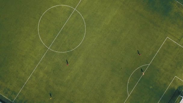 Vista aérea do time de futebol praticando no dia no campo de futebol na vista superior — Vídeo de Stock