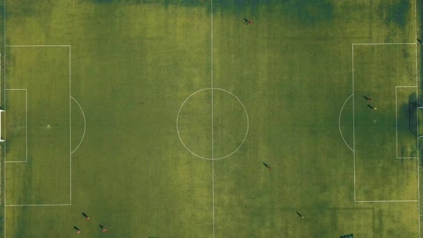 Vista aérea del equipo de fútbol que practica al día en el campo de fútbol en vista superior — Vídeo de stock