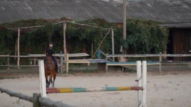 Atlı kadın kahverengi ata biniyor ve kum parkında çitlerden atlıyor. Manege 'de engellerin üzerinden atlayan yarışmacı eğitimleri. Yavaş çekim
