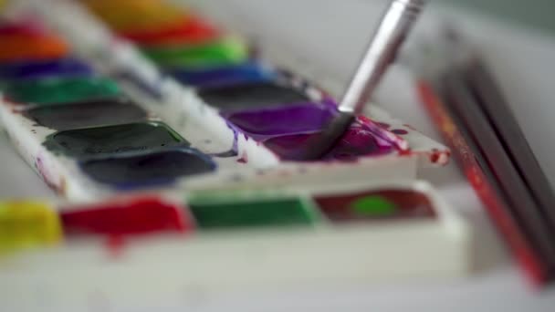 A escova toma cores diferentes de pinturas a aquarela de uma paleta e mistura-os — Vídeo de Stock
