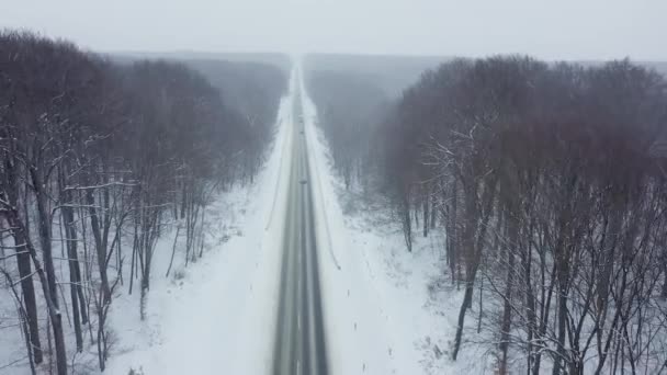 Letecký pohled na provoz na silnici obklopenou zimním lesem ve sněhu — Stock video