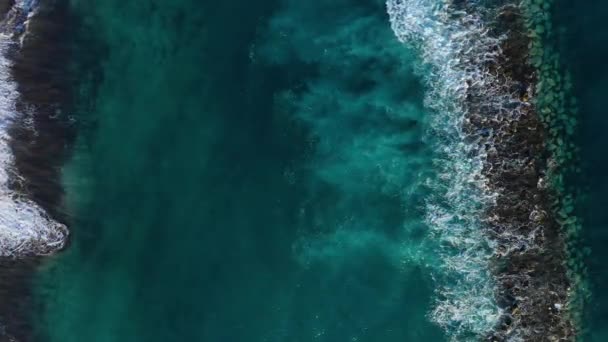 Bovenaanzicht van het oppervlak van de Atlantische Oceaan in de buurt van de kust - golven rollen door de golfbreker en bereiken de kust. Zwarte vulkanische strand van het eiland Tenerife — Stockvideo