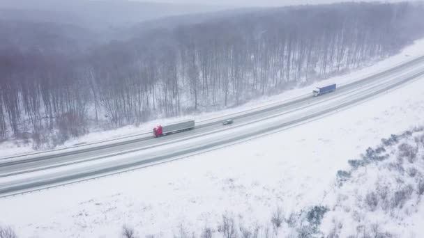 Vista aérea del tráfico en una carretera rodeada de bosque de invierno en las nevadas — Vídeos de Stock