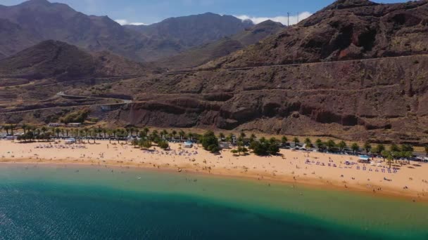 Vista desde la altura de la arena dorada, palmeras, tumbonas, irreconocibles personas en la playa Las Teresitas, Tenerife, Canarias, España — Vídeos de Stock