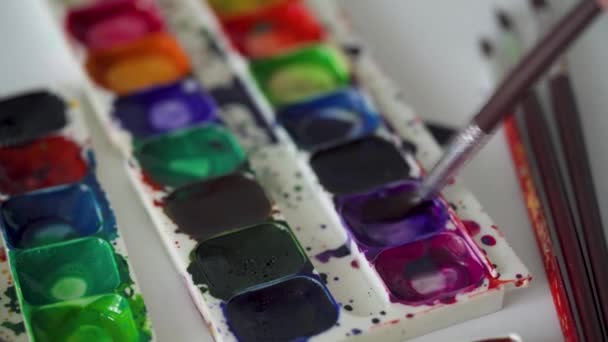 Brush takes different colors of watercolor paints from a palette and mixes them — Stock Video