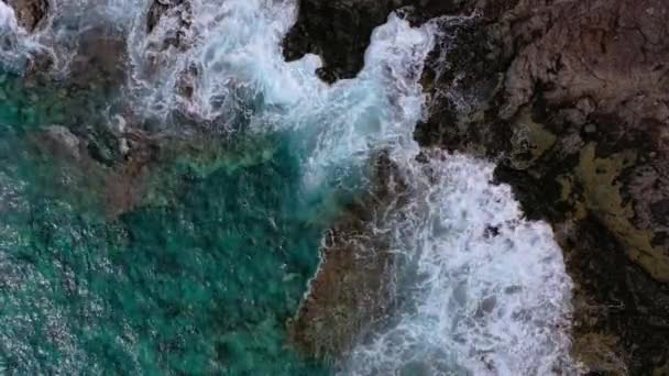 さびれた海岸のトップビュー。テネリフェ島のロッキー海岸。海岸に到達する海の波の空中ドローン映像 — ストック動画