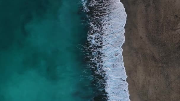 Top view of the desert black beach on the Atlantic Ocean. Coast of the island of Tenerife. Aerial drone footage of sea waves reaching shore — Stock Video