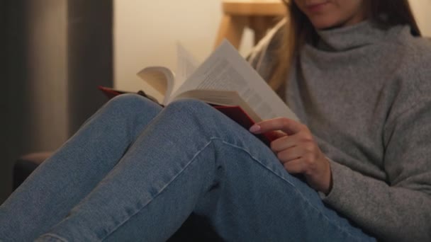 Γυναίκα ξαπλωμένη στον καναπέ σε ένα άνετο δωμάτιο και διαβάζοντας το βιβλίο το βράδυ — Αρχείο Βίντεο