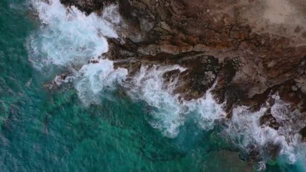 さびれた海岸のトップビュー。テネリフェ島のロッキー海岸。海岸に到達する海の波の空中ドローン映像 — ストック動画