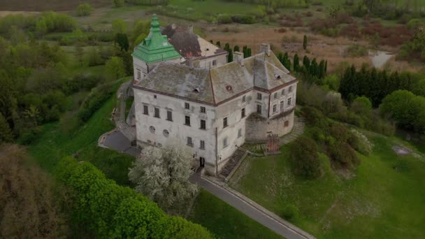 Vista aérea del castillo de Olesky y el paisaje circundante en primavera, Ucrania — Vídeos de Stock