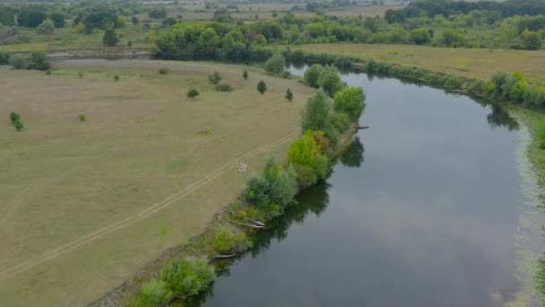 Aerial view of the beautiful landscape - river, meadow and green deciduous trees. Ducks rushing to the water — Wideo stockowe
