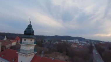 Aerial view of the historical center of Zhovkva, Lviv region, Ukraine. Perfect city. Shooting with FPV drone