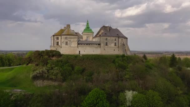 Вид с воздуха на Олесский замок весной, Украина — стоковое видео