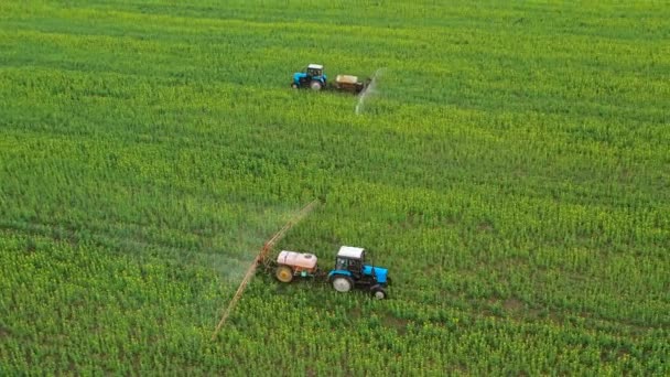 Aerial view of two tractors ride towards each other and spray fertilizer on agricultural plants on the rapeseed field — Stock video