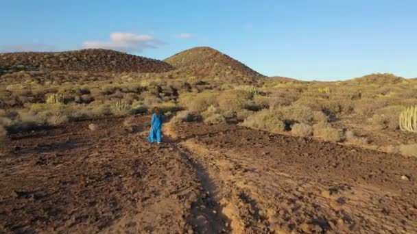 从空中俯瞰着身穿漂亮蓝色衣服的女子走过自然保护区.Tenerife，加那利群岛，西班牙 — 图库视频影像