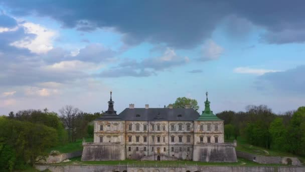 Luftaufnahme der Burg Pidhirtsi und der umliegenden Landschaft im Frühling, Ukraine — Stockvideo