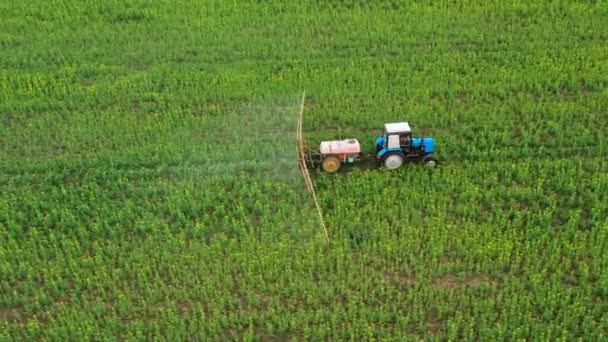 유채 밭에 있는 농작물에 트랙터 가 비료를 뿌리는 모습을 공중에서 본 사람 — 비디오