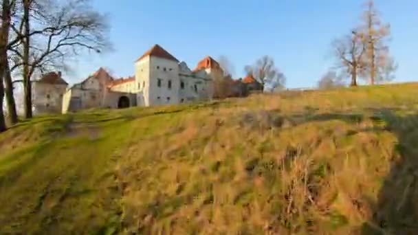 Widok z lotu ptaka na zamek Svirzh koło Lwowa, Ukraina. Jezioro i otaczający krajobraz o zachodzie słońca. Strzelanie dronem FPV — Wideo stockowe