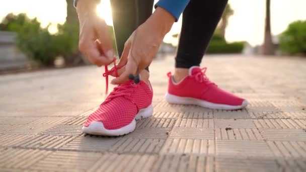 Primer plano de la mujer atando cordones de zapatos, inserta auriculares en las orejas y continúa corriendo a lo largo de la avenida de la palma al atardecer — Vídeo de stock