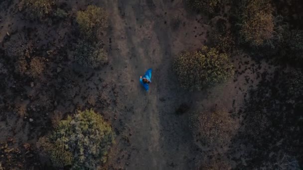 自然保護区を歩く美しい青いドレスで女性のトップビュー。スペインのカナリア諸島テネリフェ島 — ストック動画