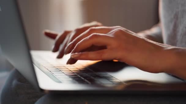 Las manos femeninas escribiendo en un teclado portátil contra el sol poniente. Concepto de trabajo remoto . — Vídeos de Stock