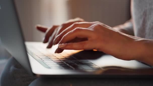 Las manos femeninas escribiendo en un teclado portátil contra el sol poniente. Concepto de trabajo remoto . — Vídeo de stock