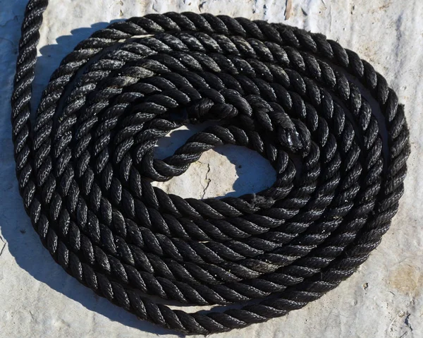 Black Nylon Mooring Line Rope Coiled Deck — Stock Photo, Image