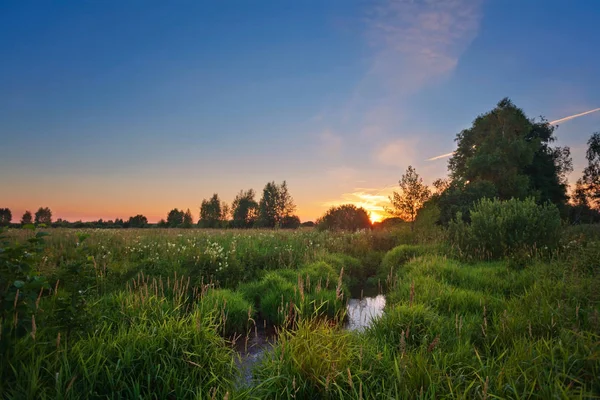 Zomer zonsondergang rond veld en rivier — Stockfoto