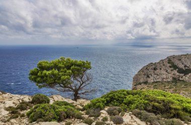 Kasvetli dramatik sk altında bir fırtına önce kayalık sahil Manzara