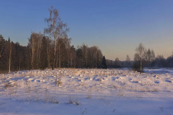 Vinterlandskap Med Fält Vid Solnedgången Ljus — Stockfoto