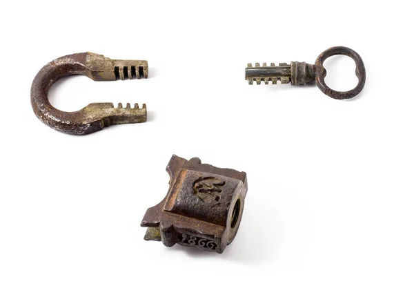 Antic Open Lock Key White Background 1866 Year Produced — Stock Photo, Image