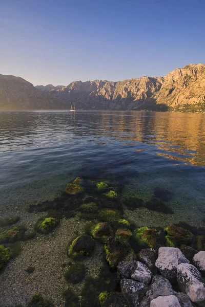 Early Misty Morning Landscape Sea Mountain Views Kotor Bay Montenegro — Stock Photo, Image