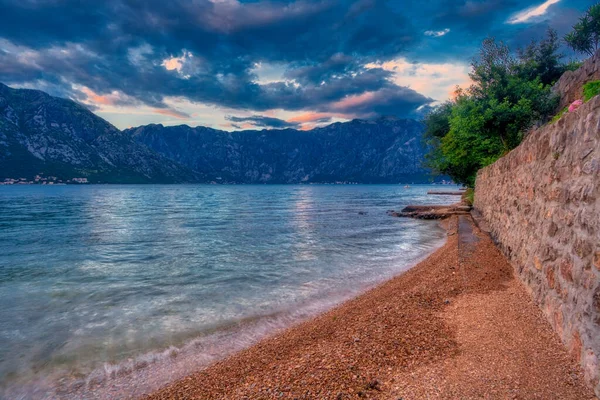 Sea Sunset Mountains Background Kotors Bay Montenegro — Stock Photo, Image