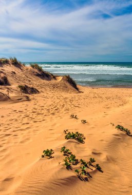 Batı Algarve 'deki Praia da Amoreira plajında kum tepeleri ve deniz manzarası. Portekiz