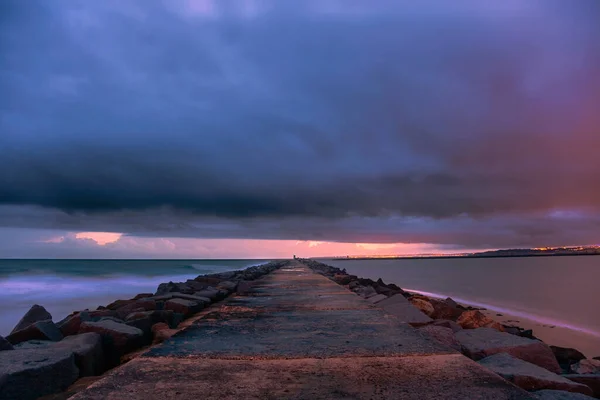 Pier Famoso Vecchio Farol Portimao Molhe Este Sotto Cupo Tramonto — Foto Stock